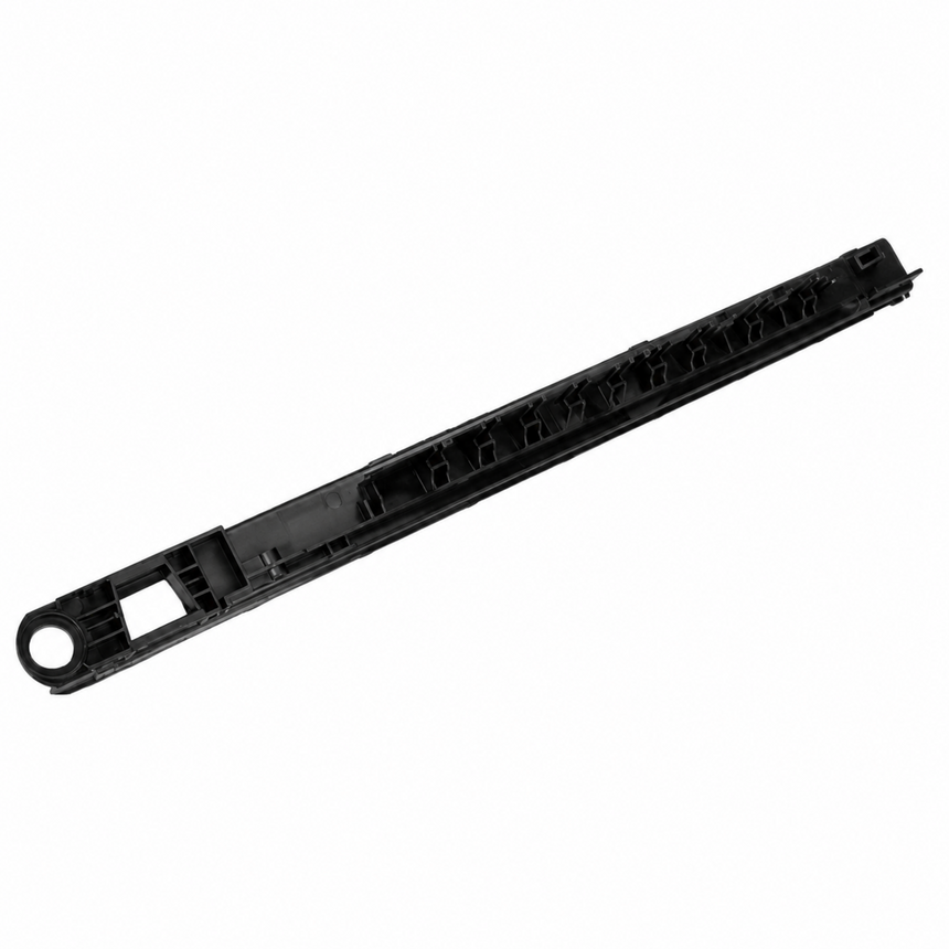 A long, narrow black plastic replacement part with molded structural details and a circular hole at one end, shown on a plain white background.