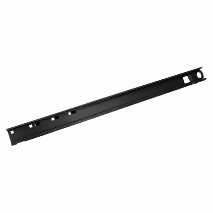 A long, narrow black metal mounting bracket or hardware bar with pre-drilled holes, shown diagonally on a plain white background.