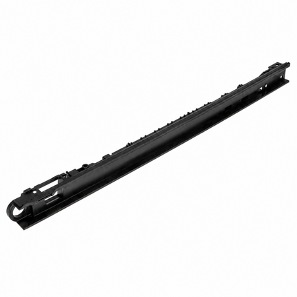 A long, narrow black metal track or rail component photographed on a plain white background.