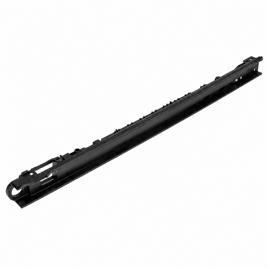 A long, narrow black metal track or rail component photographed on a plain white background.