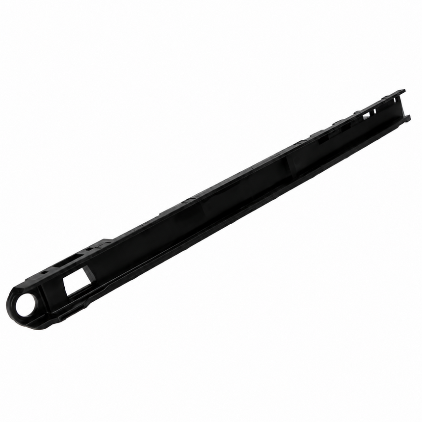 A long, black plastic linear guide rail or slider bar shown diagonally on a plain white background.