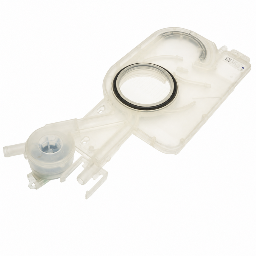 A translucent white plastic replacement part with a circular black and silver ring, photographed on a solid white background.