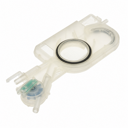A translucent white plastic water reservoir tank with a black rubber O-ring and a small blue and green pump motor, shown on a solid white background.