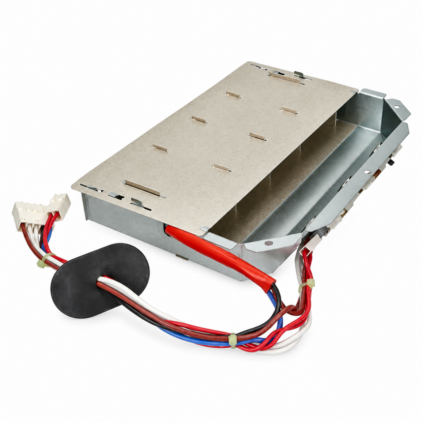 A metal electronic control module with attached wiring, including red, blue, white, and black wires, a black foam gasket, and a white connector, shown on a white background.