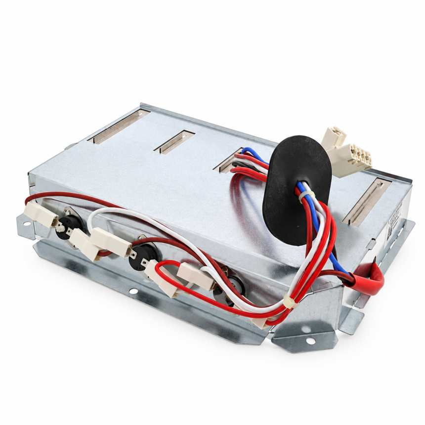 A metal control panel or electronic module with attached wiring, including red, blue, white, and black wires, photographed on a clean white background.