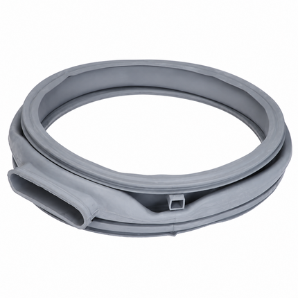 A gray silicone or rubber appliance gasket ring, coiled and folded, shown on a plain white background.
