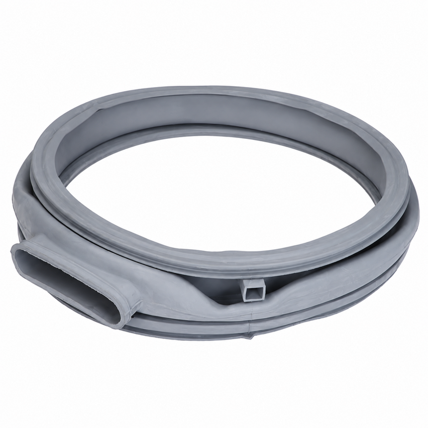 A gray silicone or rubber appliance gasket ring, coiled and folded, shown on a plain white background.