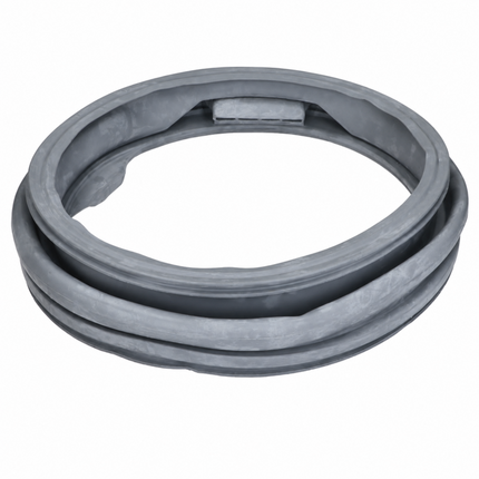 A gray rubber door seal or gasket ring, photographed on a clean white background.
