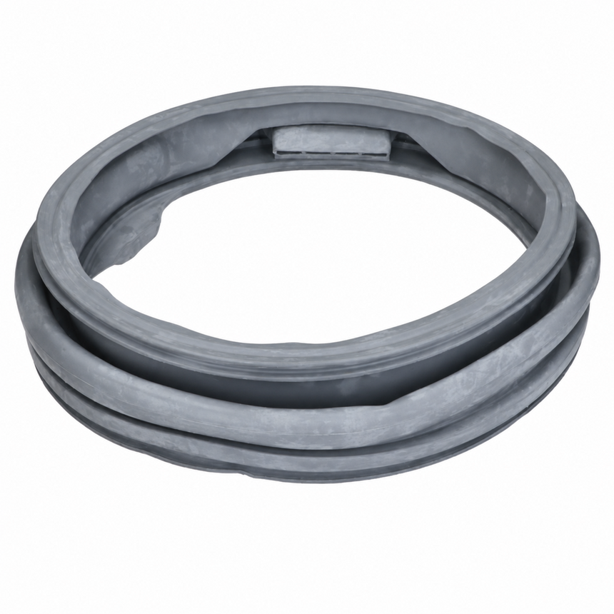 A gray rubber door seal or gasket ring, photographed on a clean white background.
