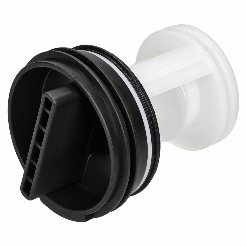 A replacement kitchen faucet aerator or filter assembly, featuring a black plastic strainer basket with a slotted center and a white translucent plastic body, shown on a solid white background.