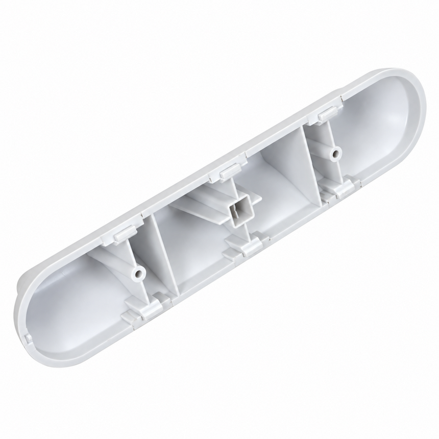 A white plastic linear channel or guide rail component with three internal slots and mounting tabs, shown on a solid white background.