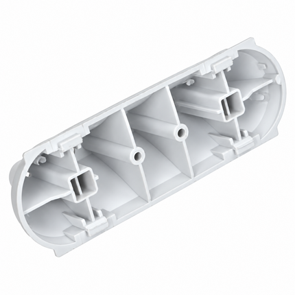 A white molded plastic electrical conduit cover or raceway housing, shown at an angle on a solid white background.