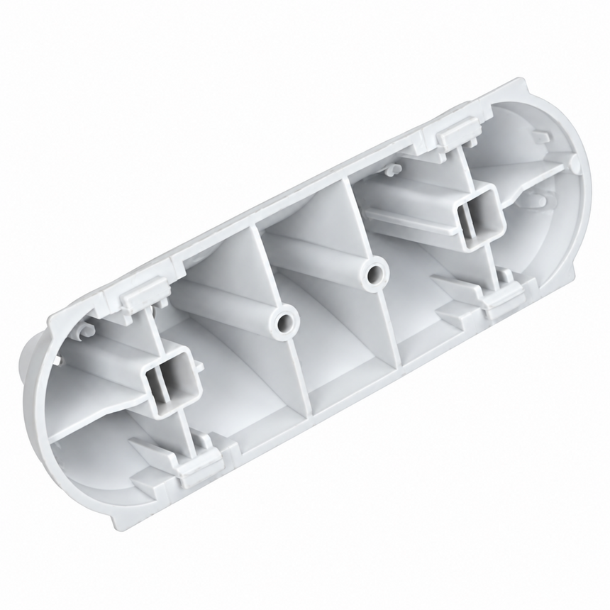 A white molded plastic electrical conduit cover or raceway housing, shown at an angle on a solid white background.