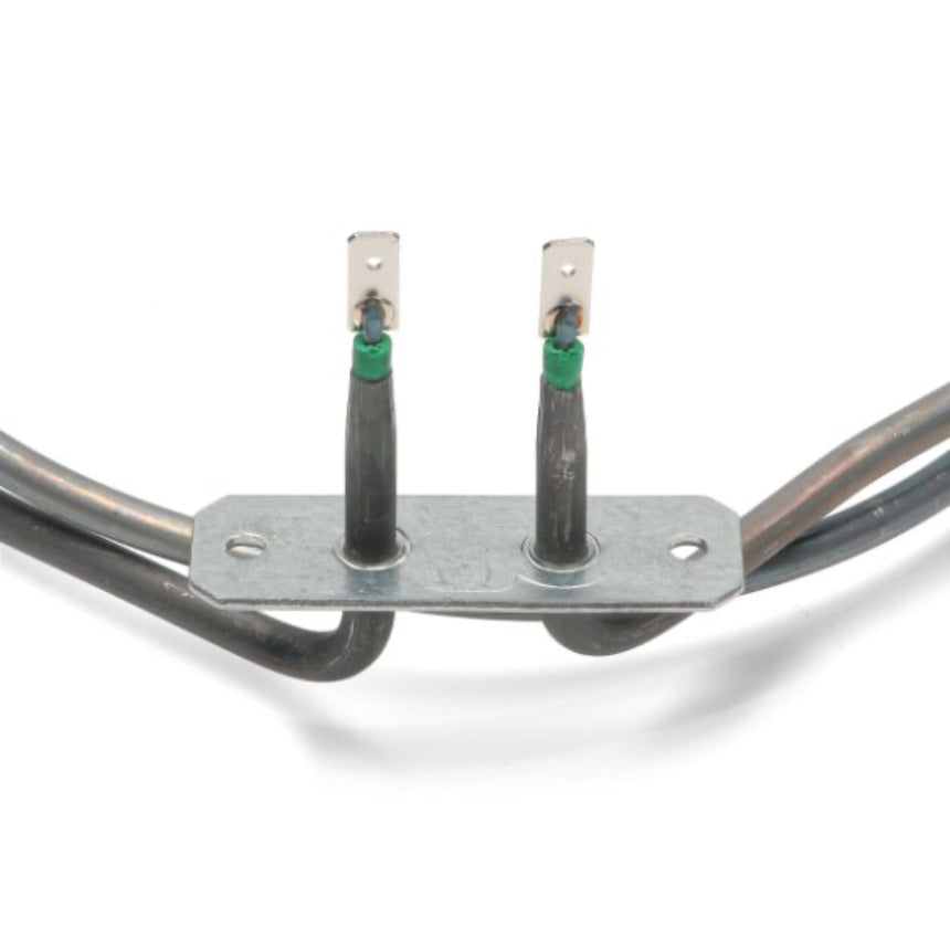 Metal heating element with two probes on a white background