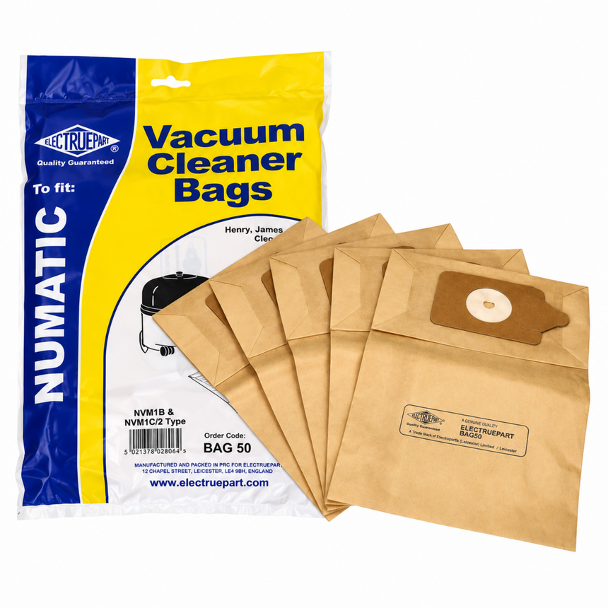 A pack of Numatic brand vacuum cleaner replacement bags, showing the blue and yellow retail packaging alongside several brown paper vacuum bags with metal filter ports.