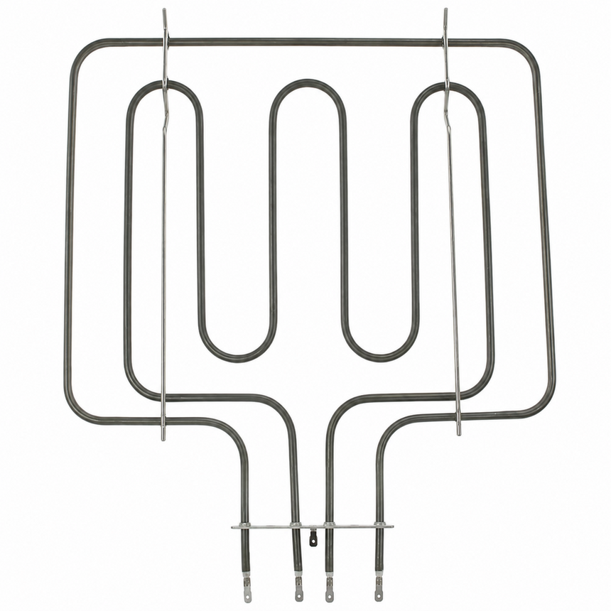 A dark gray metal replacement oven or range burner tube with a U-shaped coil and mounting feet, shown against a plain white background.