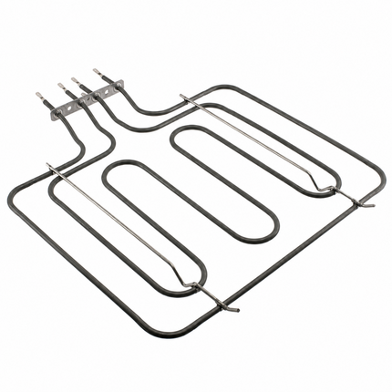 A replacement oven or range electric heating element coil with a black insulated outer tube and silver metal inner heating elements and terminal hardware.
