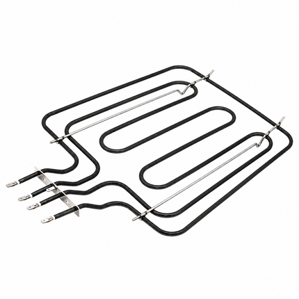 A replacement oven heating element coil with black insulated tubing and silver metal terminals and brackets, shown on a plain white background.