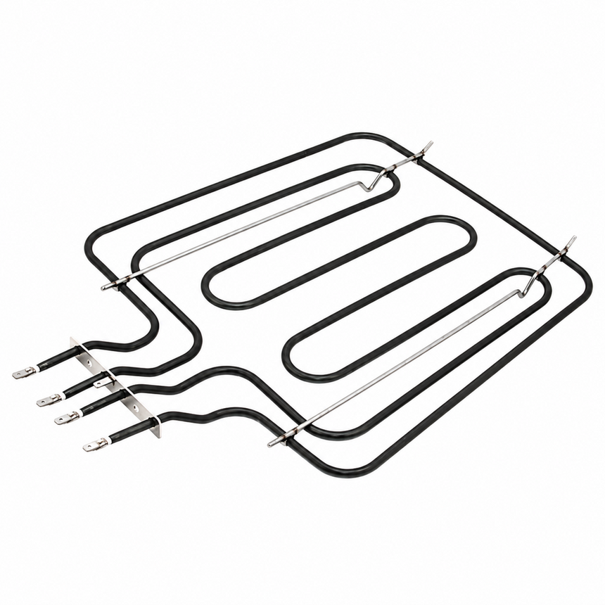 A replacement oven heating element coil with black insulated tubing and silver metal terminals and brackets, shown on a plain white background.