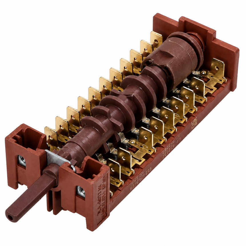 A brown plastic electrical terminal block with gold metal contacts and a brown cylindrical component, shown on a white background.