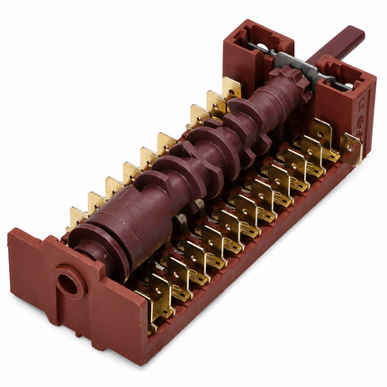 An industrial electrical component, specifically a multi-terminal screw terminal block with a dark reddish-brown plastic housing and gold-colored metal contacts, shown on a solid white background.