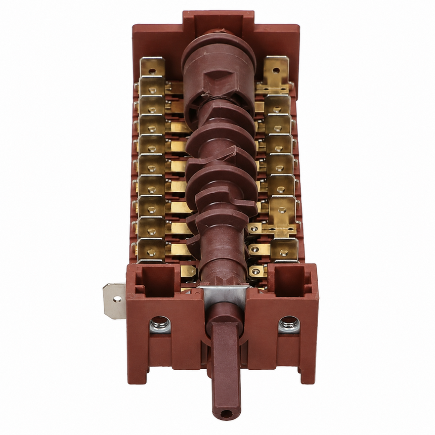An industrial electrical component, likely a motor starter or contactor, featuring a reddish-brown plastic housing, a central brown rotating shaft, and multiple gold-colored metal terminal blocks, shown on a plain white background.
