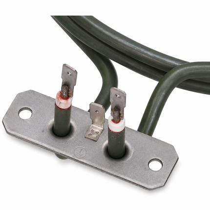 Close-up of oven heating element metal mounting plate with electrical terminals and black heating tubes
