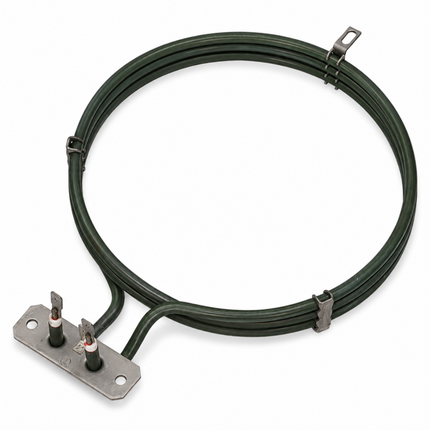 Circular oven heating element with metal mounting plate and terminals on a white background