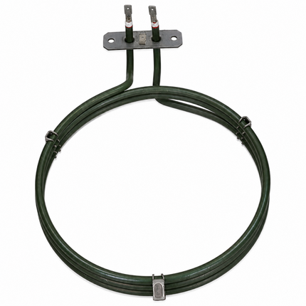 Circular oven heating element viewed from above with mounting clips and terminal plate on a white background