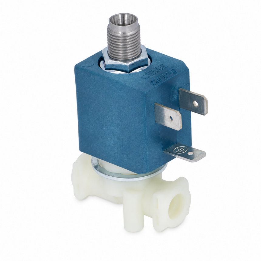 Blue mechanical valve with white connectors on a white background