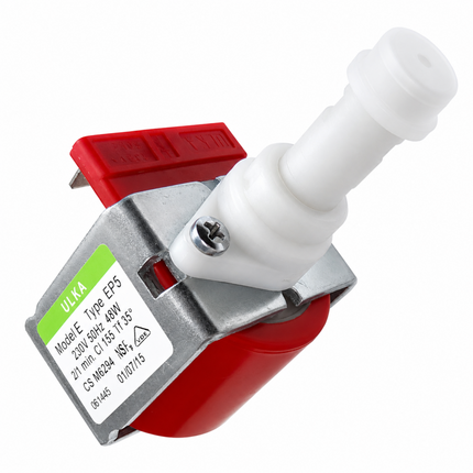 Red and silver valve with a white handle on a white background