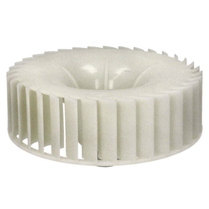 White plastic component with a ribbed design on a white background