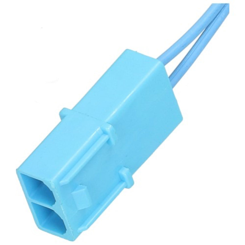 A light blue plastic electrical connector with two wires extending from one end, shown on a plain white background.