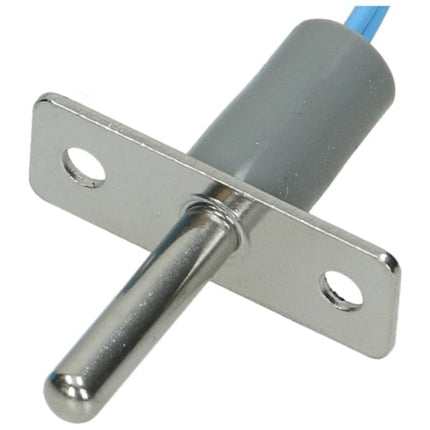 A metal magnetic reed switch with a silver-colored steel core, a flat mounting bracket with two screw holes, a gray plastic insulator, and a blue wire extending from the top, shown on a plain white background.