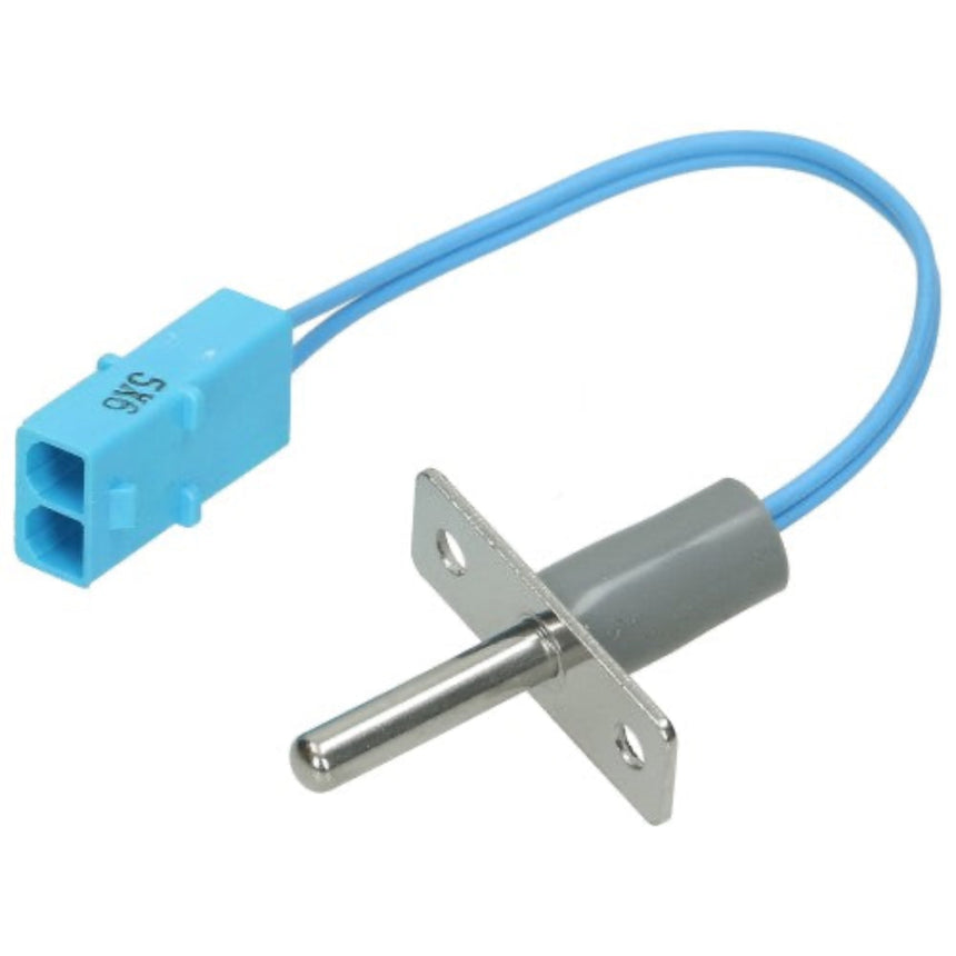 A small electrical sensor or switch component with a light blue connector housing, a blue wire, a gray cylindrical body, and a silver metal probe, shown on a plain white background.