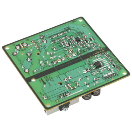 Green electronic circuit board with various components on a white background