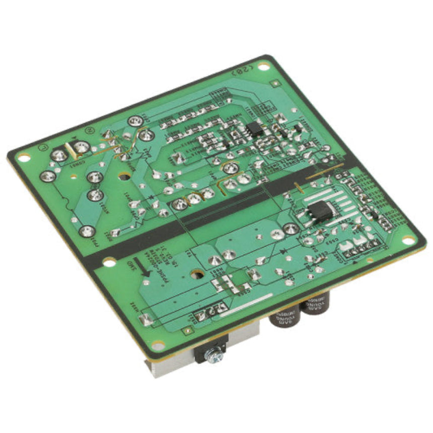 Green electronic circuit board with various components on a white background