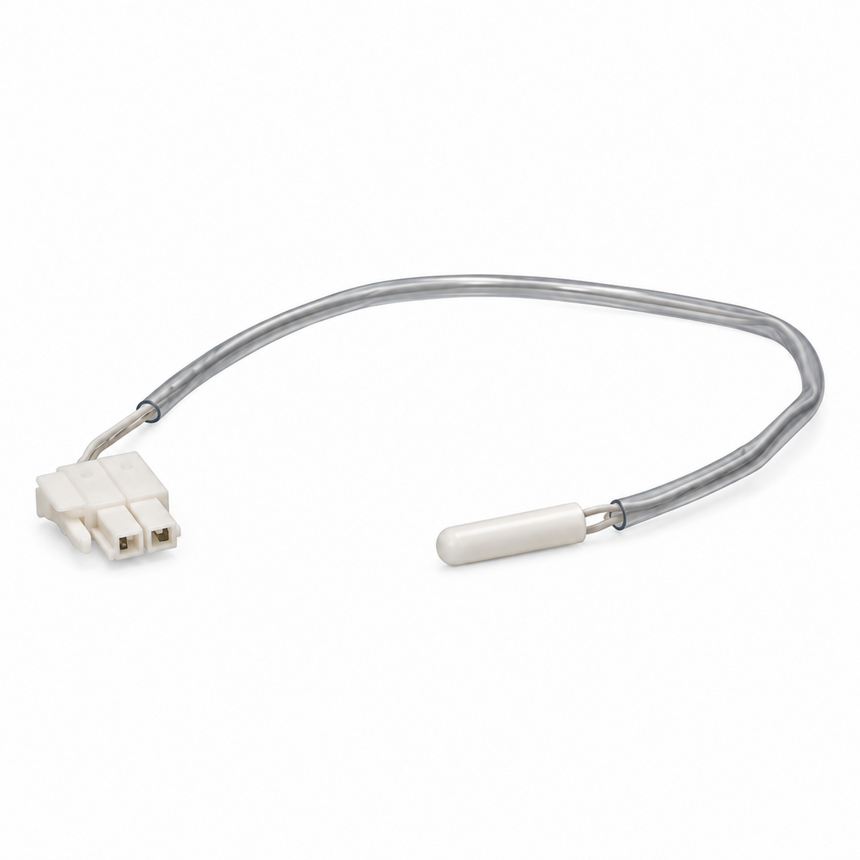A replacement water temperature sensor with a white plastic connector on one end and a white plastic probe on the other, connected by a flexible translucent gray hose, shown on a plain white background.