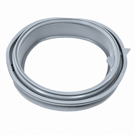 A gray plastic appliance replacement seal or gasket ring, shown coiled on a solid white background.