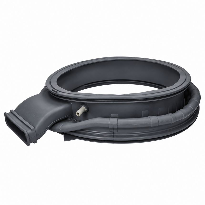 A dark gray plastic and rubber belt drive pulley system component, including a flat rubber belt and a molded plastic pulley with a small metal connector, shown on a plain white background.