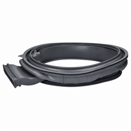 A dark gray plastic and rubber appliance seal or gasket ring, coiled and shown from a three-quarter angle on a solid white background.