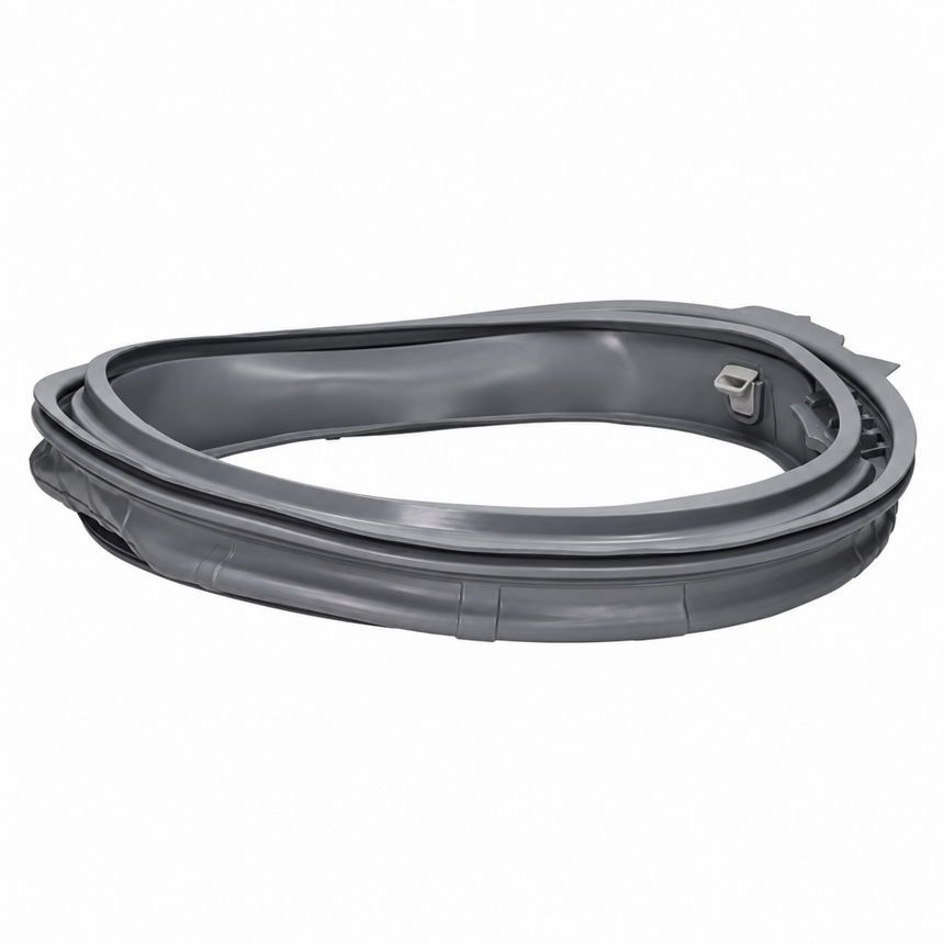 A dark gray replacement appliance gasket or seal, shown coiled on a plain white background.