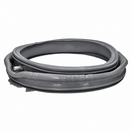 A gray rubber door seal or weatherstrip gasket shown coiled on a plain white background.