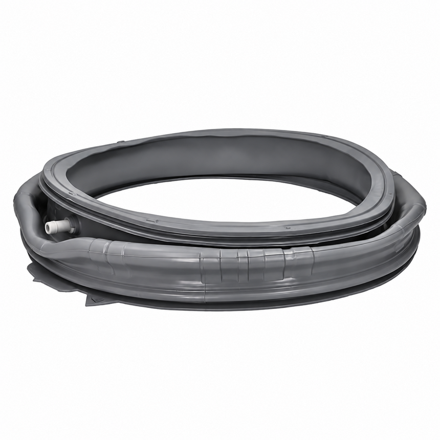 A gray rubber door seal or weatherstrip gasket shown coiled on a plain white background.