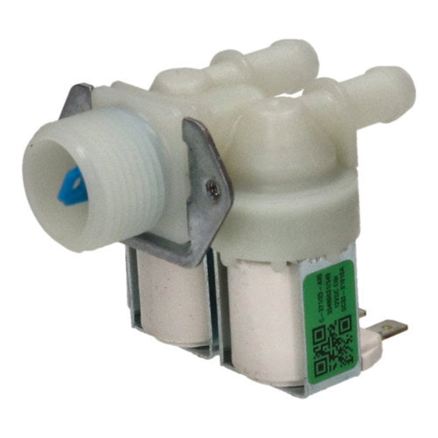 A plastic water filter cartridge with a white body, metal mounting bracket, and a green product label sticker, isolated on a white background.
