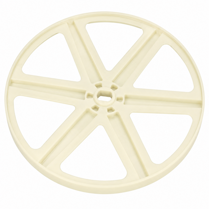 A single cream-colored plastic wheel or spool-like component with six radial spokes and a central hole, shown on a plain white background.