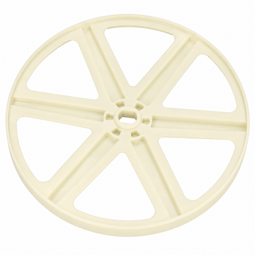 A single cream-colored plastic wheel or spool-like component with six radial spokes and a central hole, shown on a plain white background.