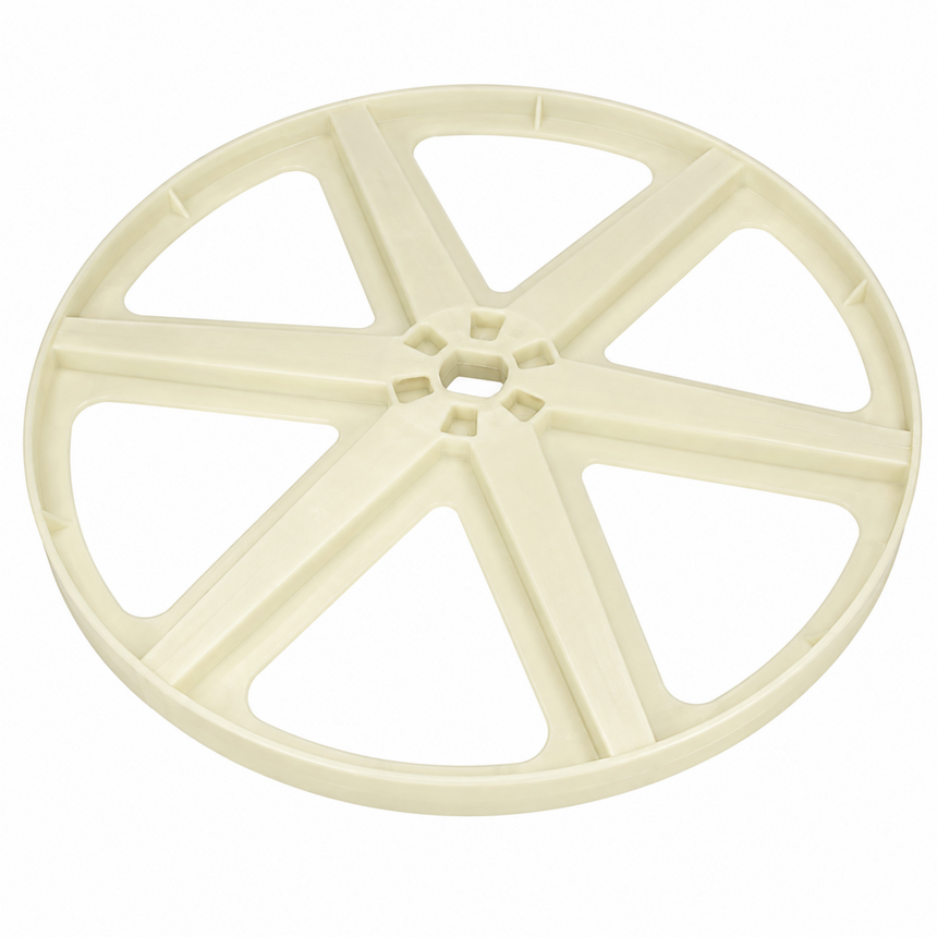 An off-white plastic circular wheel or spool-like component with six radial spokes and triangular cutouts, shown on a plain white background.