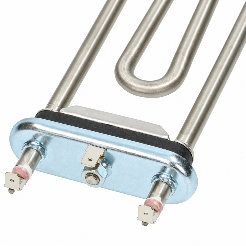 A close-up of a metal heating element assembly with two U-shaped silver tubes and a blue metal base plate on a white background.