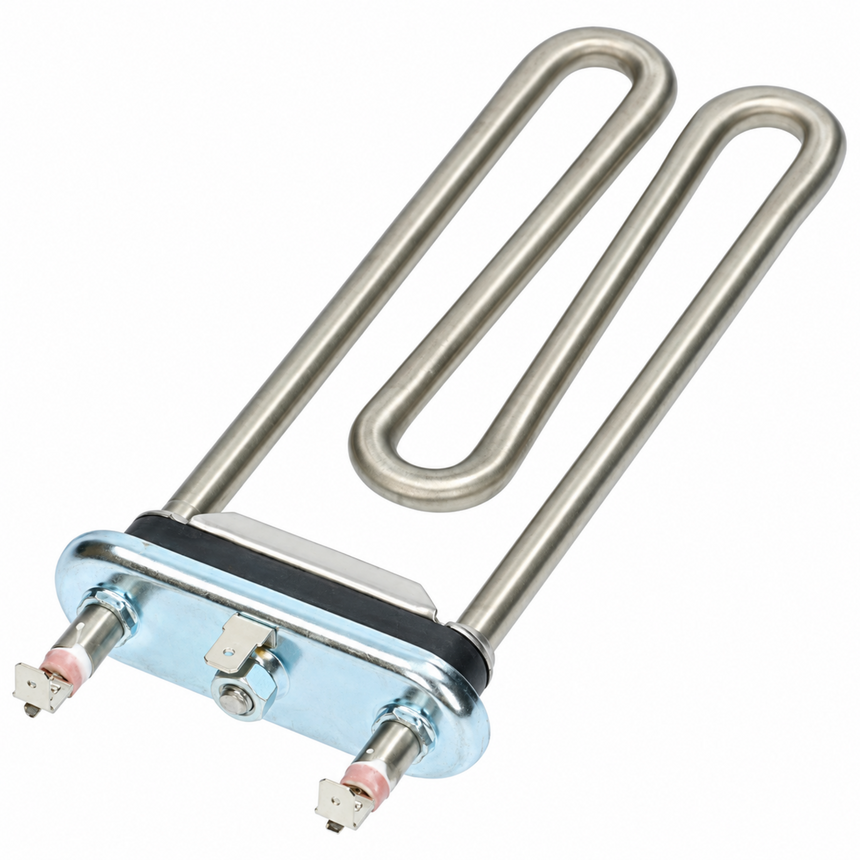 A stainless steel U-shaped heating element with a blue metal base plate, black gasket, and silver screw terminals, shown on a plain white background.